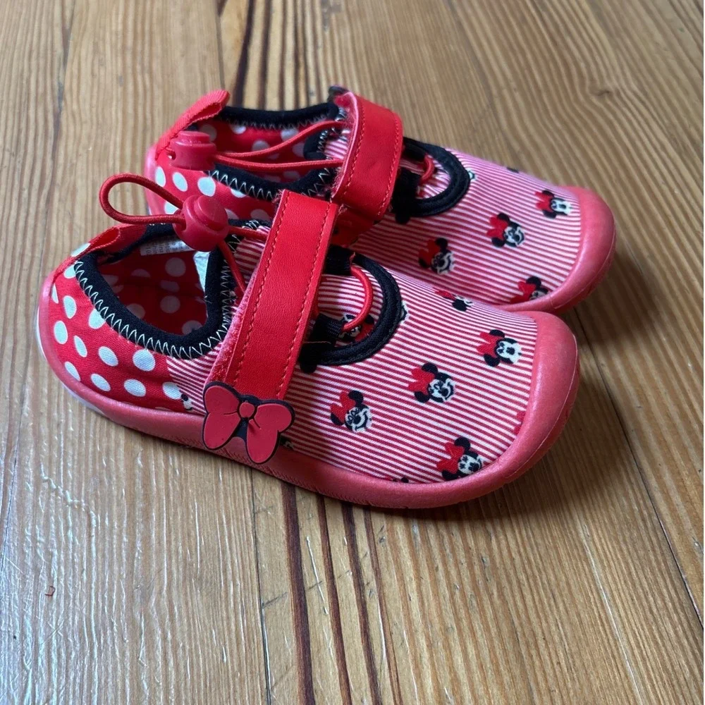 Disney Minnie Mouse Water Shoes Kids Red Polka Dot Striped Bow SIZE 9/10